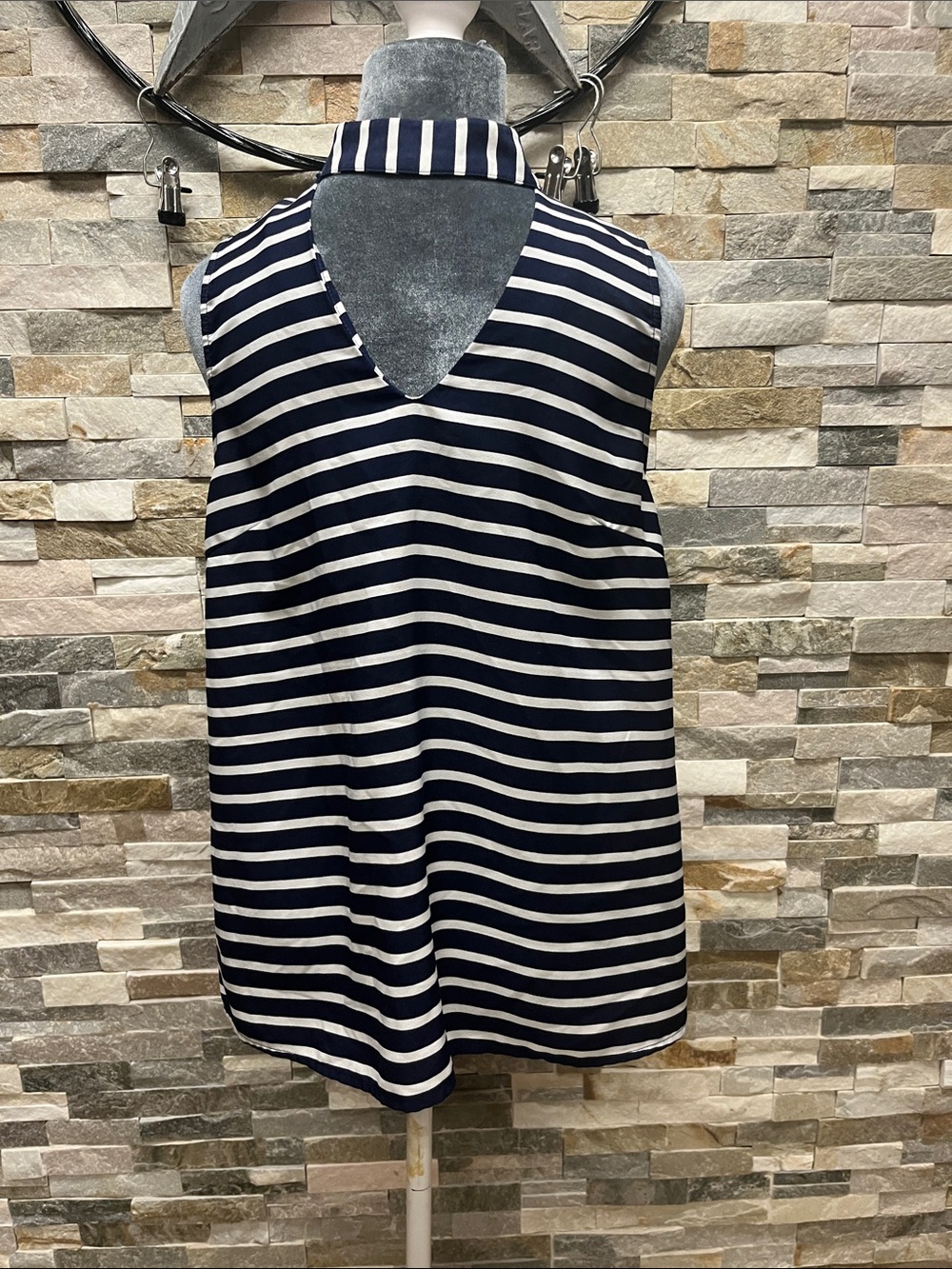 MOD Striped Sleeveless V-Back Blouse in Navy and White